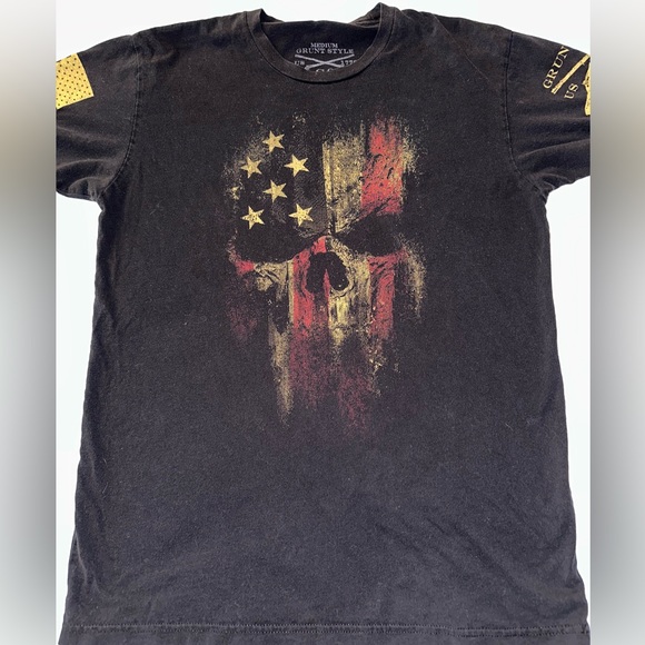 Men’s Grunt Style Red White Blue Flag Punisher Skull Shirt - Picture 2 of 4